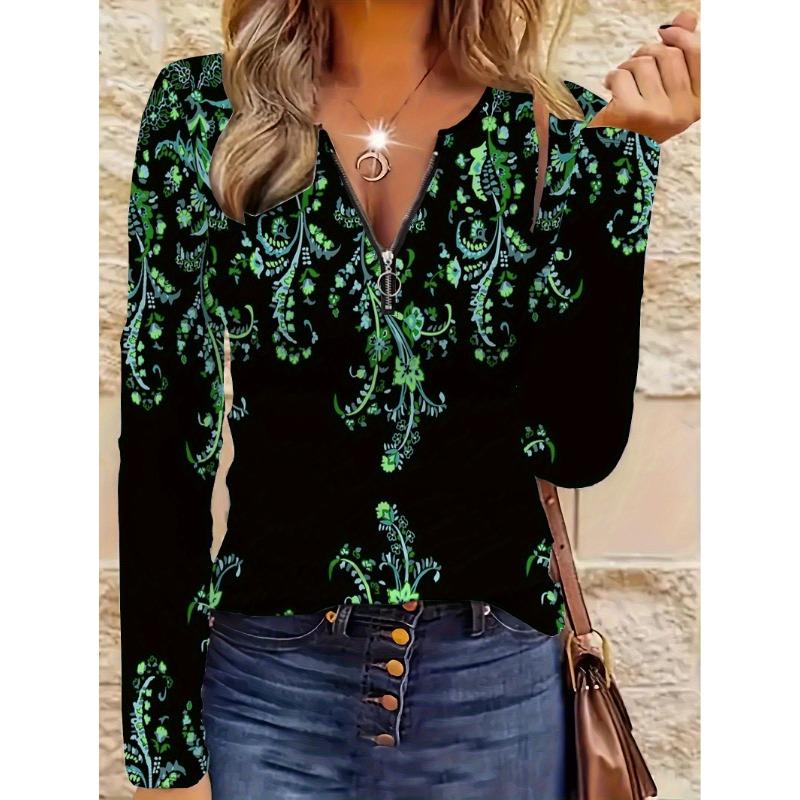 Long Sleeved Zipper T-shirt for Women's Fashion Items, Party Gatherings, Full Body Printed Patterns