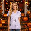 Damen V-Ausschnitt Kurzarm Kasack mit Taschen Halloween-Print Pflegekraft Uniform