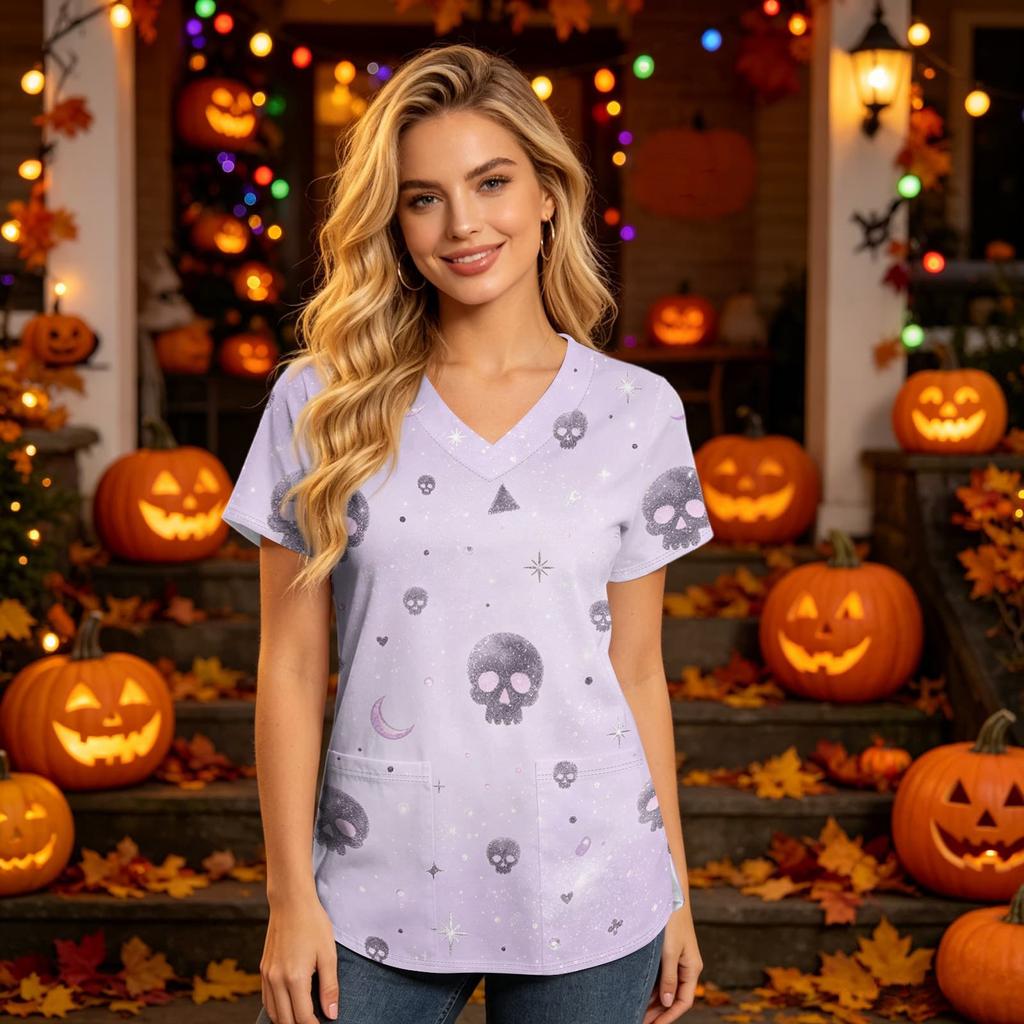 Damen V-Ausschnitt Kurzarm Kasack mit Taschen Halloween-Print Pflegekraft Uniform