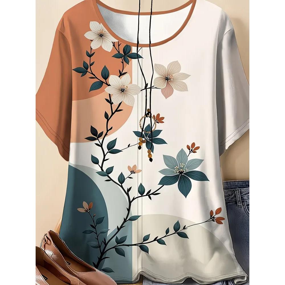 Women's Flower Print Versatile Top Casual Short Sleeve Loose Comfortable T-Shirts Women’s