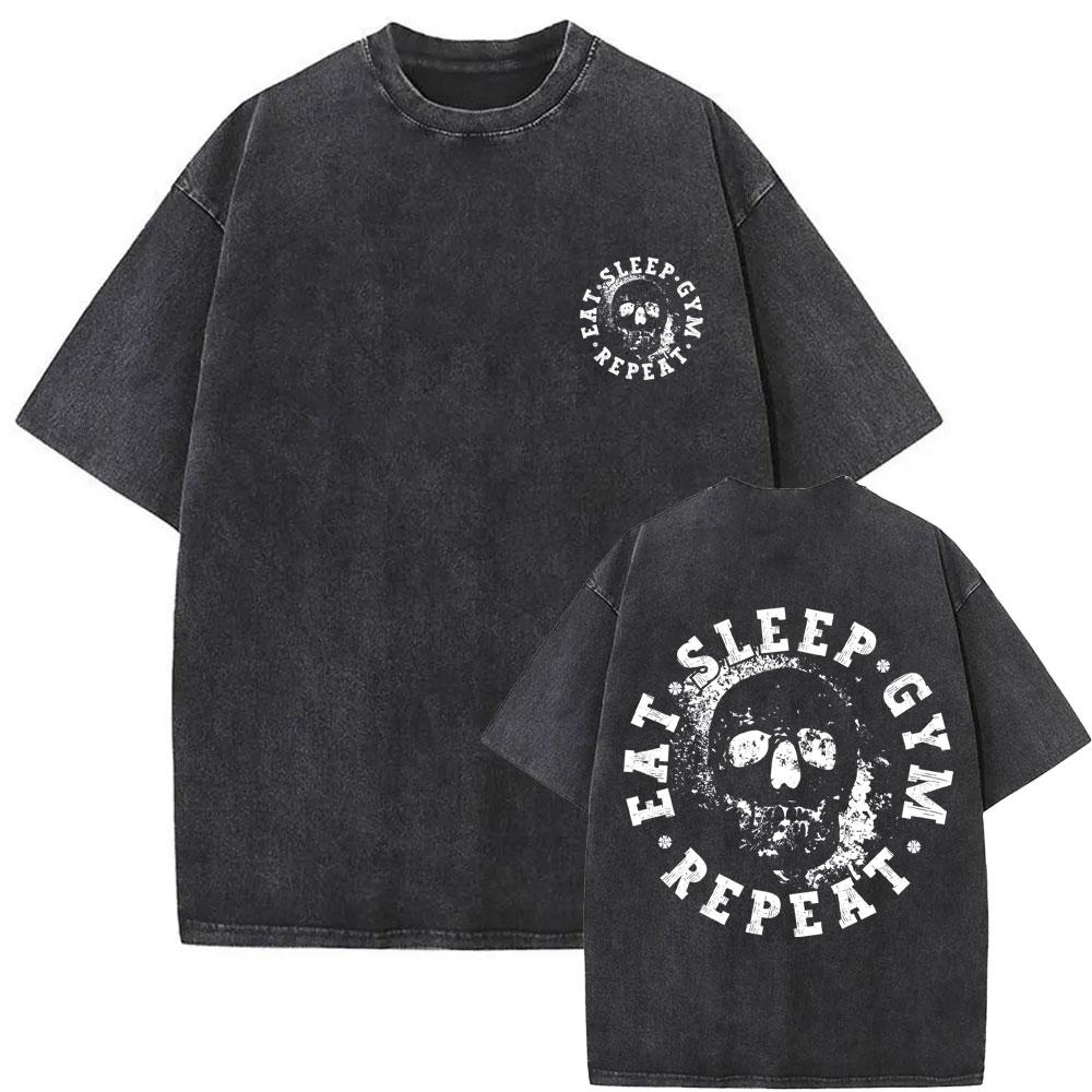 Eat Sleep Gym Repeat Skeleton Gym Pump Cover Funny Meme Tshirt Washed Vintage Men Women Fitness Workout Bodybuilding T-shirts S разноцветный