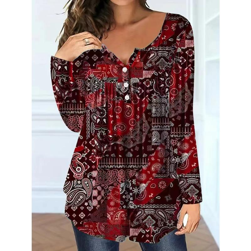 Women S Plus Size V Neck Long Sleeve Paisley Pattern Loose Fit T Shirt