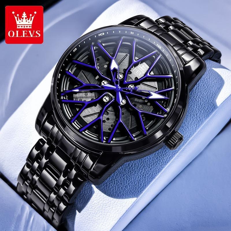 OLEVS Relógio de Pulso Masculino de Quartzo com Mostrador Rotativo 360° Fashion Roda Cubo de Roda Aro Carro Esportivo Aço Inoxidável à Prova d'Água