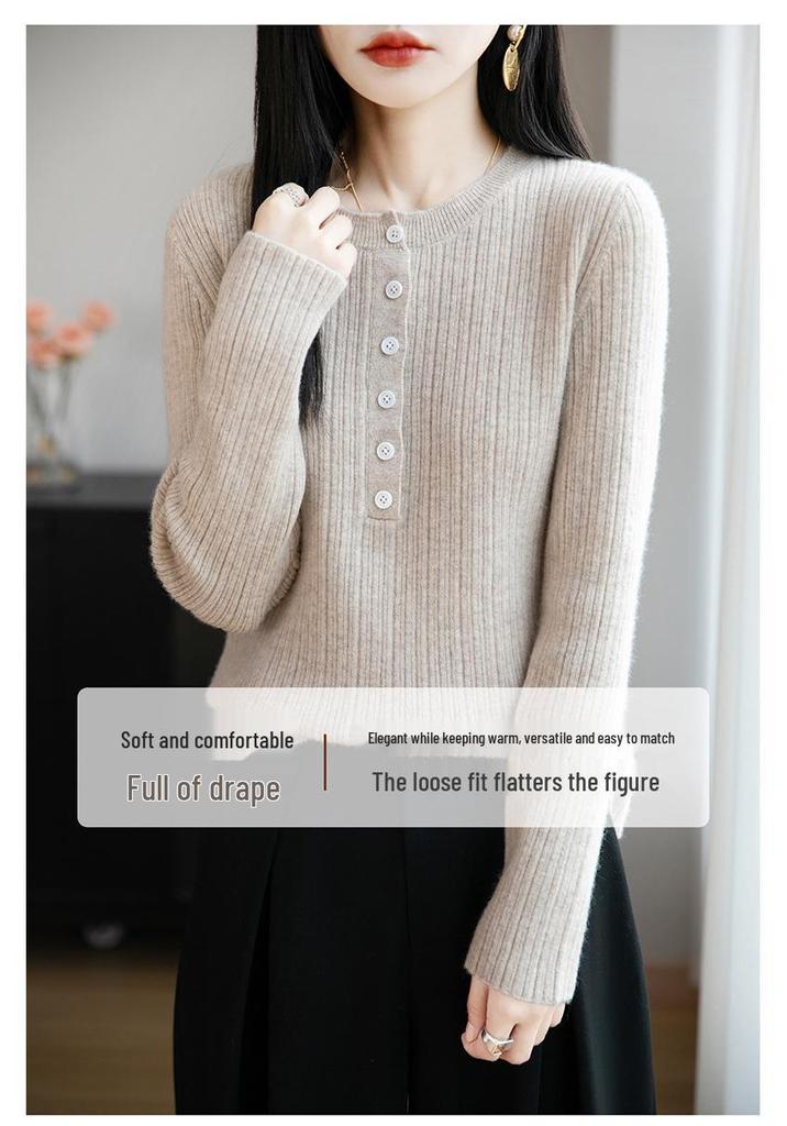 Women's Solid Color Wool Knitwear: Single-Breasted, Long-Sleeve, Round Neck, 2025 Autumn Collection