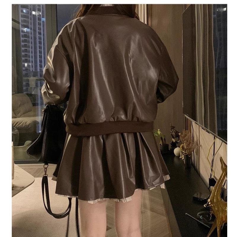Women's Coffee PU Leather Jacket & Skirt Autumn Two-Piece Set