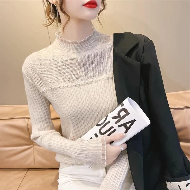 Premium Beaded Semi-turtleneck Knitted Top Women's Spring Niche Lace Bottoming Shirt with Sweater Inside
