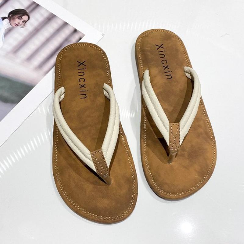 

Женские стильные уличные шлепанцы для лета, студенческий дизайн в корейском стиле, простые нескользящие вьетнамки для пляжа. 40 бежевый