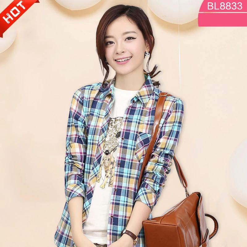 100% Cotton Women's Blouse Plaid Shirts Women's Long Sleeve Top S-5XL,Single Breaste Button Women's Shirt With Chest Pockets