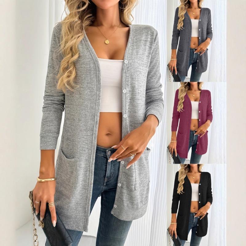 2025 European and American Autumn and Winter Solid Color Loose Long Sleeve Pocket Cardigan Jacket Women's New Style