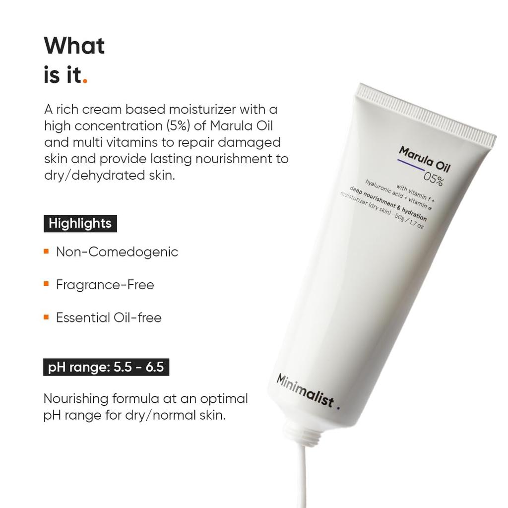 Minimalist Marula Oil 5% Face Moisturizer For Dry Skin With Hyaluronic Acid Deep Hydration 1.7oz