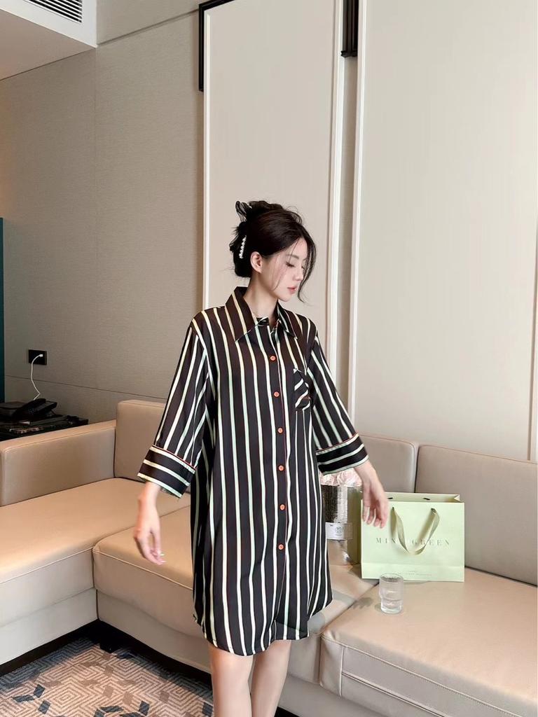 Japanese spring and summer new long-sleeved nightgown South Korean silk ice silk loose high-end striped boyfriend pajamas women's home
