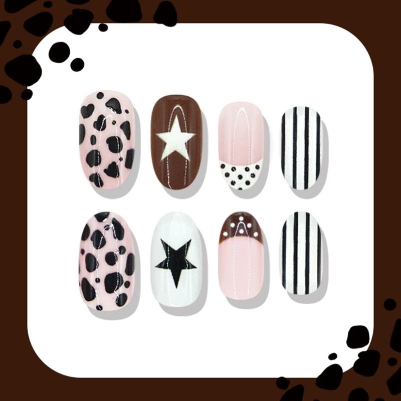 Short Oval Press On Nail With Mixed Pattern Art, Leopard Star Dot Stripe False Nail Set, 10Piece Manicure Kit for Party