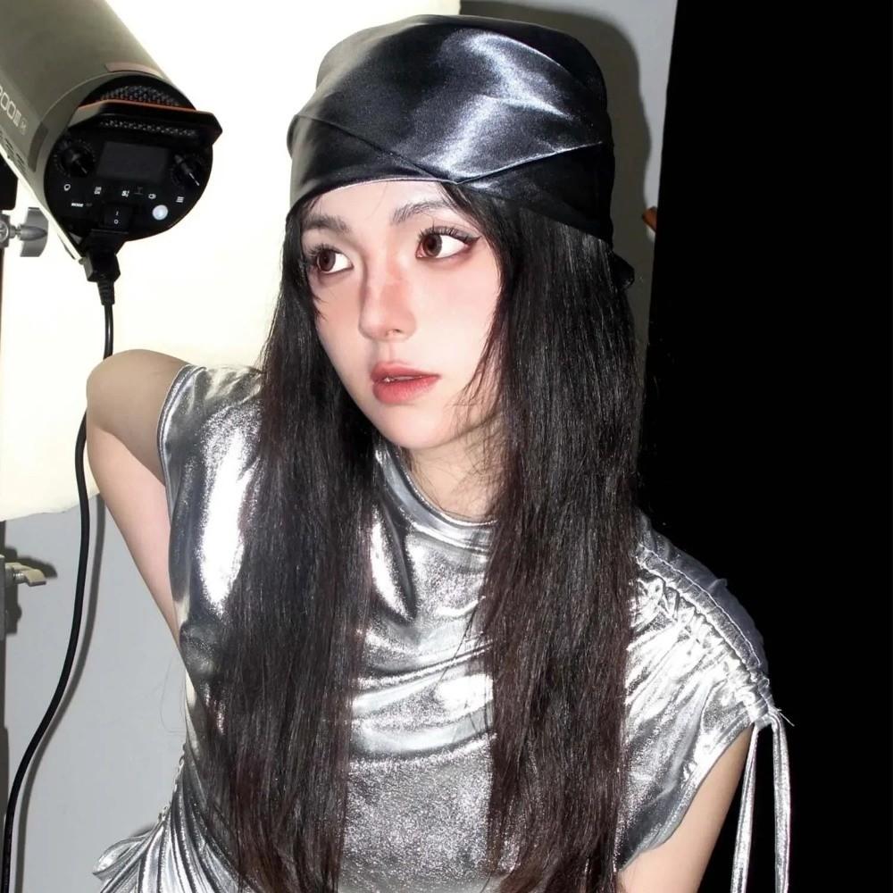 Summer Y2K Headscarf Hat Bling Bling PU Leather Hip-hop Kerchief Punk Style Women Headband Bandana Scarf