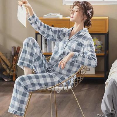 Dámská kostkovaná kardiganová pyžamová souprava - S dlouhým rukávem, kalhoty, ležérní styl pro jaro a podzim.