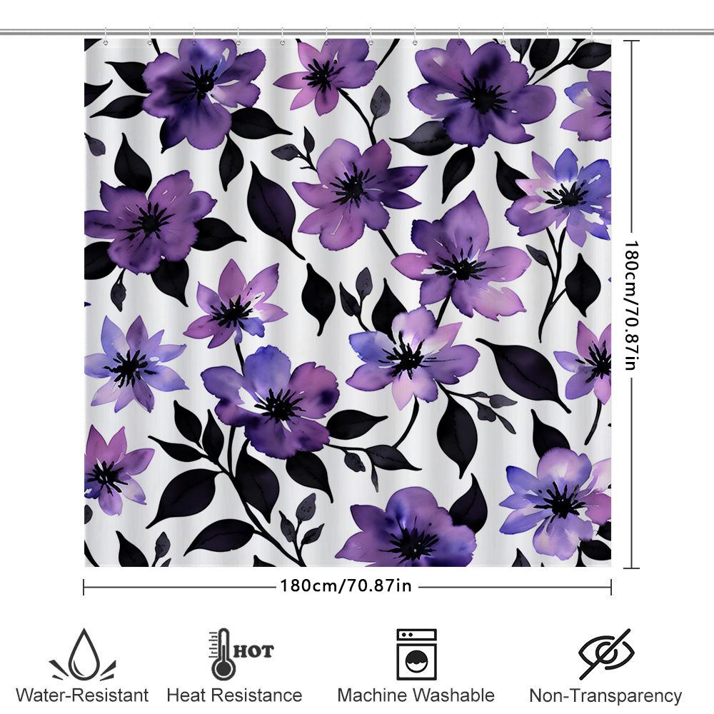 GAEBeautiful Purple Floral Shower Curtain Black White Watercolor Print Bathroom Decor Decoration Quick Dry Polyester FabricMod