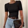 Damen einfarbiges T-Shirt mit geteilter Brust und Rundhalsausschnitt Ein neues Sommer-Figurbetontes Oberteil