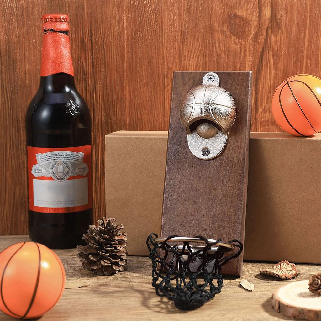 Wall Mounted Bottle Opener Basketball Shot Bottle Opener Wooden Wall-mounted Beer Bottle Opener with Cap Catcher Bar Party Suppl