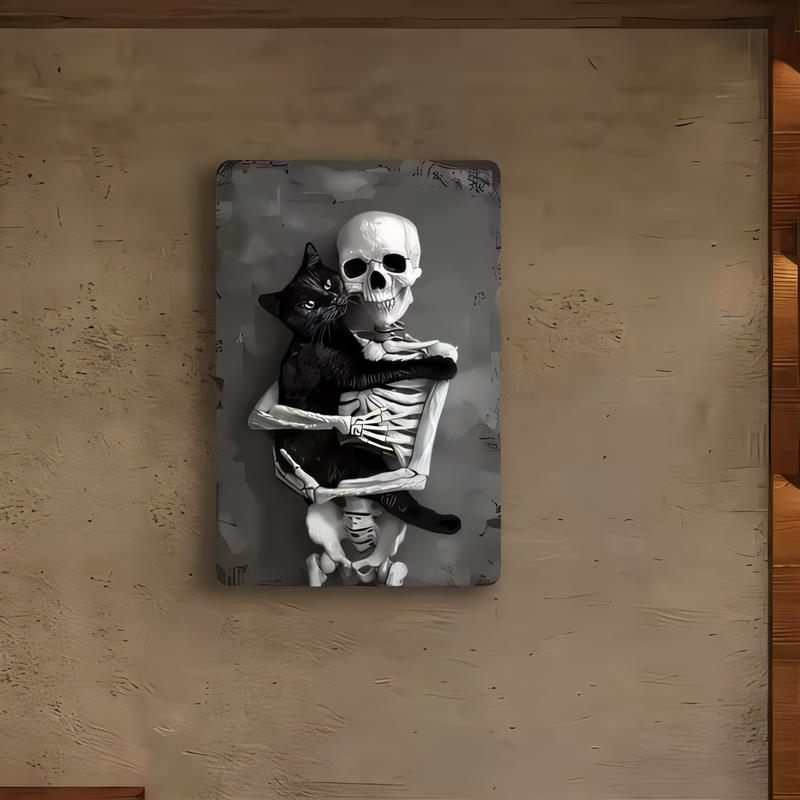 Tin Sign Skeleton Cat Holding Book Vintage Halloween Metal Plaque Wall Art Retro Gothic Home Decor Bar Garage Gift for Party R
