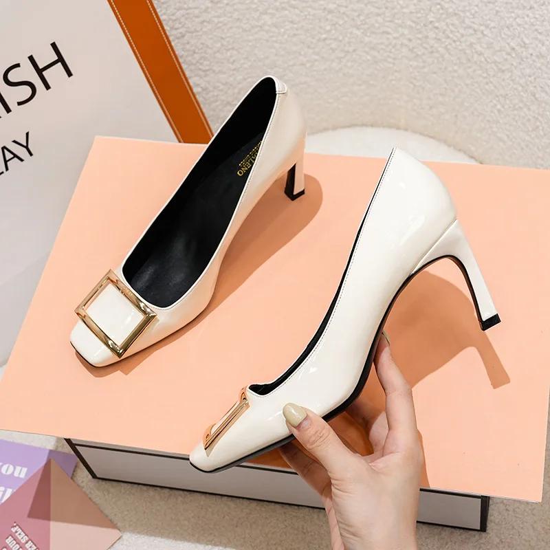 Square Buckle High Heels 2024 New Brand Women Sexy Thick High Heels Dress Party Wedding Shoes Retro Shallow Mouth Woman Pumps