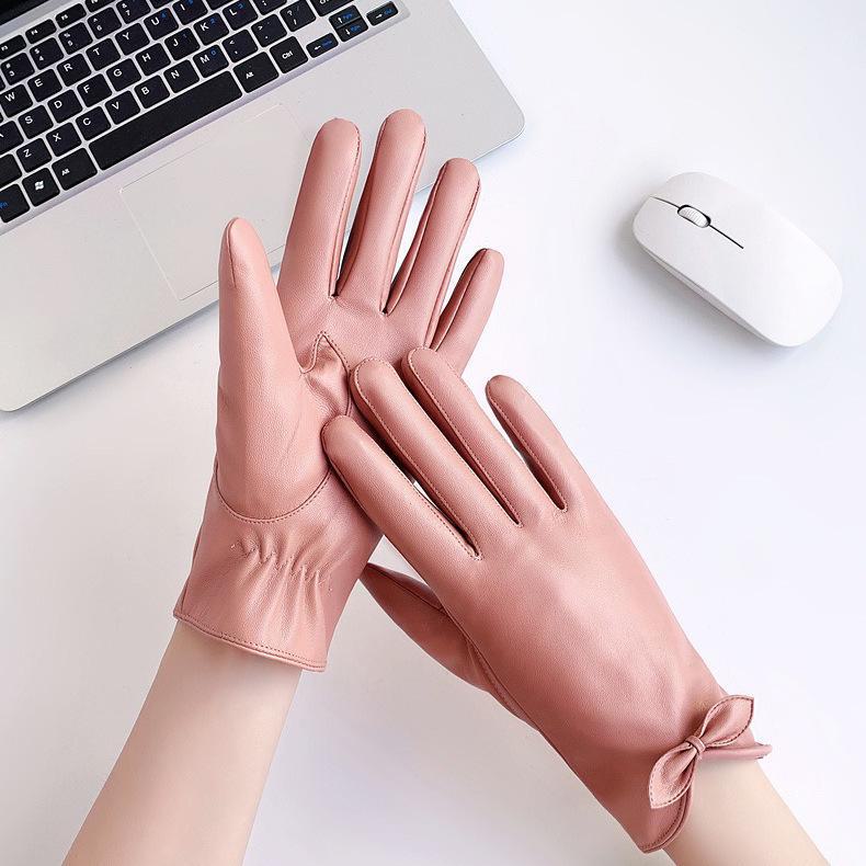 

Женские кожаные перчатки с бархатной подкладкой — теплые, водонепроницаемые, ветрозащитные, с корейским дизайном с бантом One Size розовый