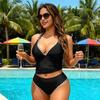 2Pcs/Set Women Tankini Set V Neck Ruched Tummy Control Tops High Waisted Bottoms Color Block Swimwear Summer Beachwear