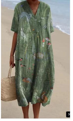 New Loose Casual Comfortable V-neck Digital Printing Pleated Large Version Dress