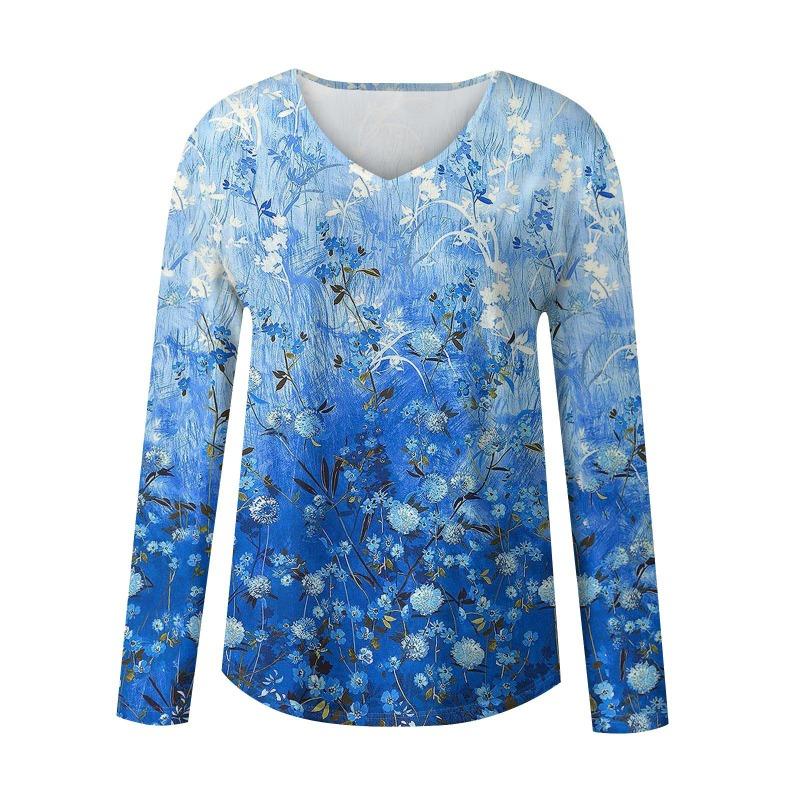 Damen Langarmshirts V-Ausschnitt Casual Blumendruck Basic Trendy T-Shirt Blusen Herbst Tunika Outfits Taillierte T-Shirts Damen