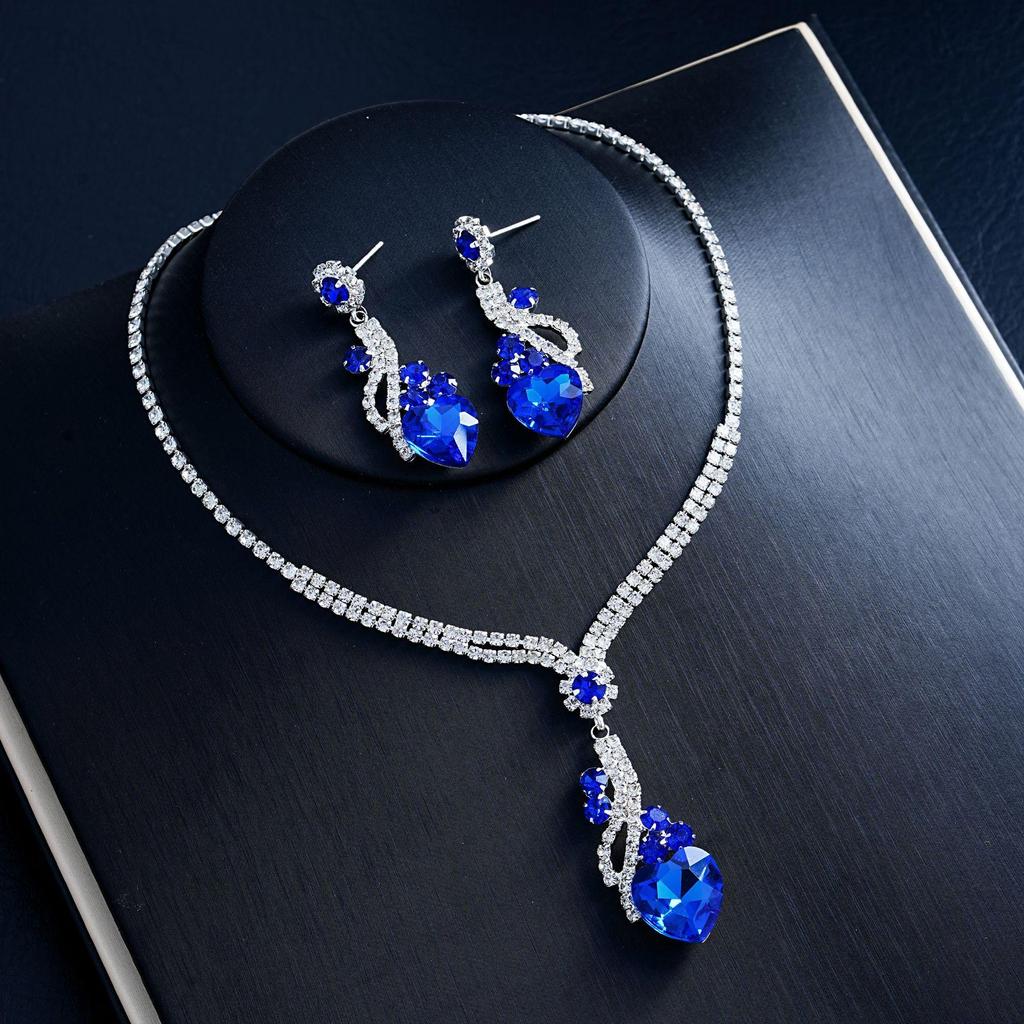 Luxury European & American Gemstone Heart Earrings & Necklace Set