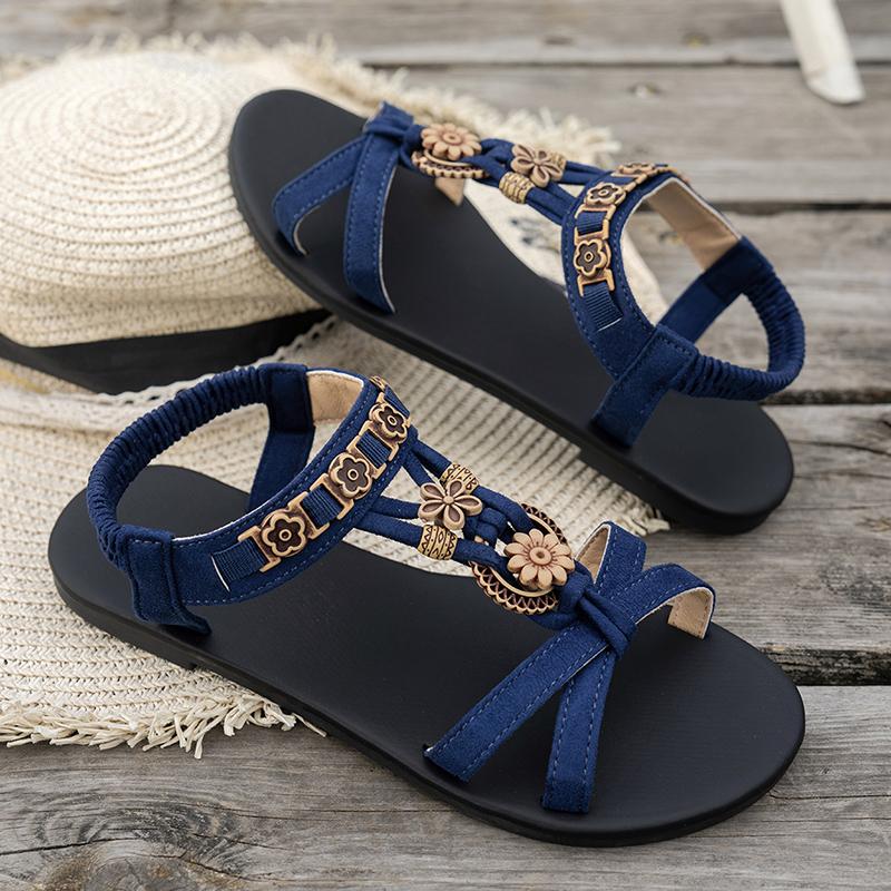 

Fashion Flowers Decor Bohemian Sandals for Women 2025 Summer Non Slip Flat Heel Sandles Woman Elastic Band Plus Size Rome Shoes 36-43 36