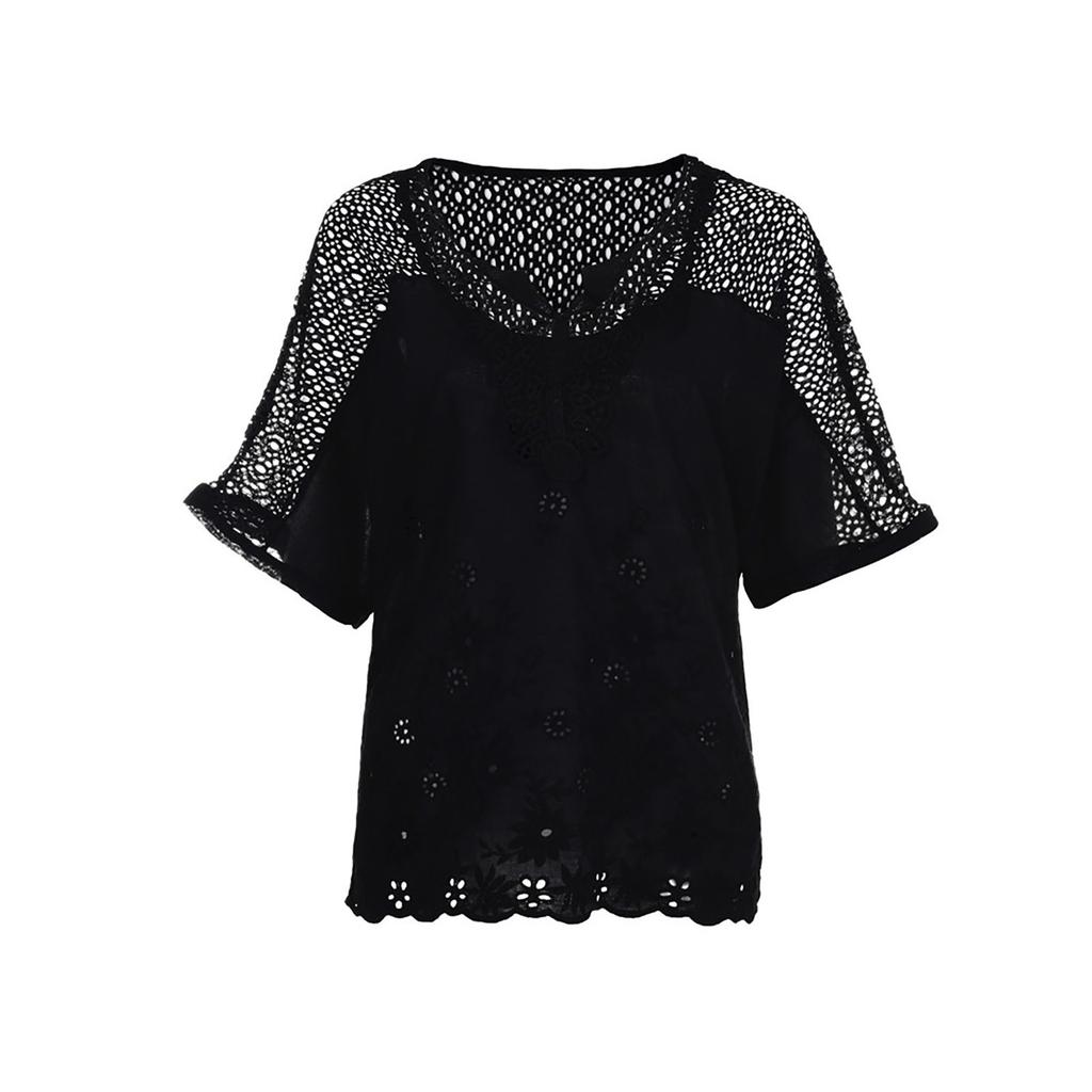 Ladies Loose Casual Lace V-Neck Embroidered Short-Sleeved  Shirt Top