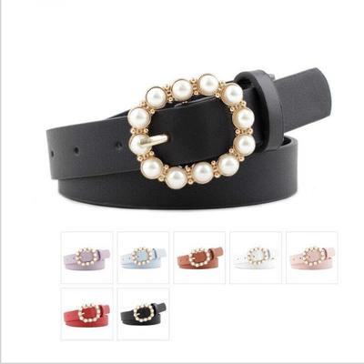 Pearl Oval Buckle Women's Belt Fashionable Simple Wild Inlaid Rhinestone Light Body Belt