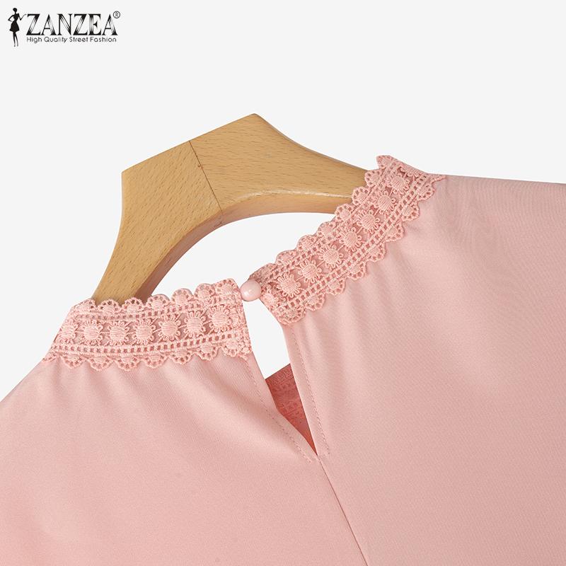 ZANZEA Women Casual Round Neck Short Sleeve Embroidery Lace Patchwork Blouse