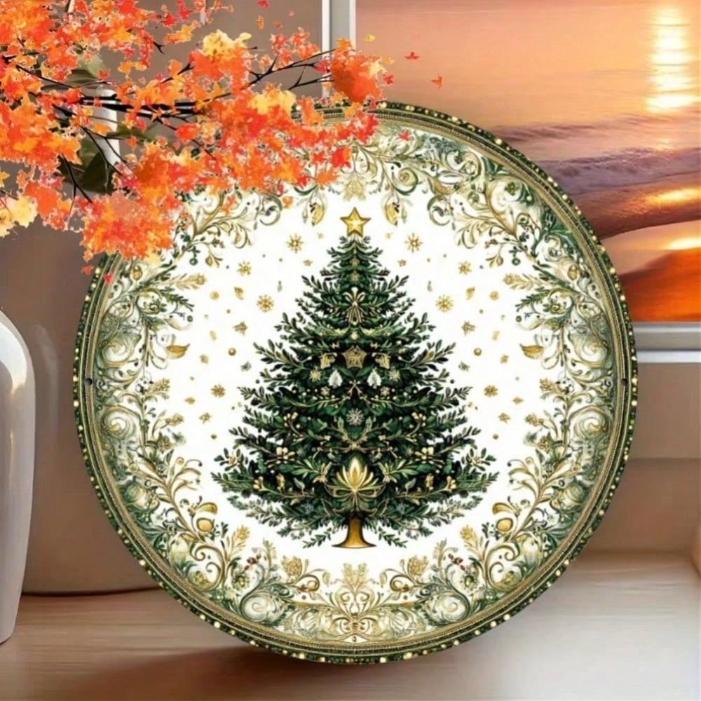 Retro Christmas Tree Tin Sign 8 Inch Round Metal Art Home Cafe Wall Decor Indoor Outdoor Holiday Gift