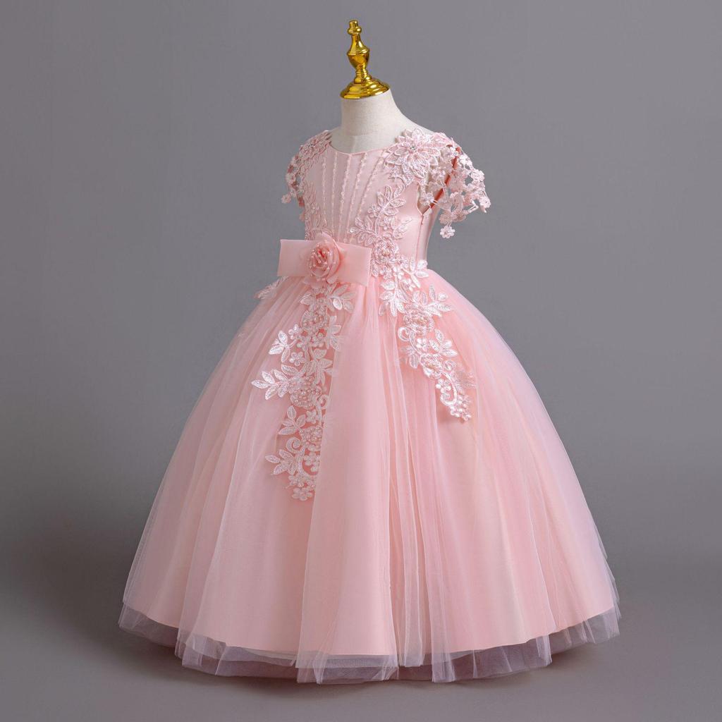 Girls' European and American Style Long Skirt Tie-Up Wedding Princess Dress - High-End Formal Graduation Party Dress