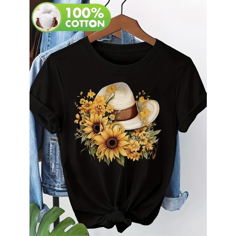 

European Size Elegant Floral Print Women s Short-sleeve T-shirt 4XL чорний