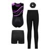4-Piece Girls Gymnastics Dance Set Sleeveless Color Block Leotard with Rhinestone Shorts Leggings Hair Band