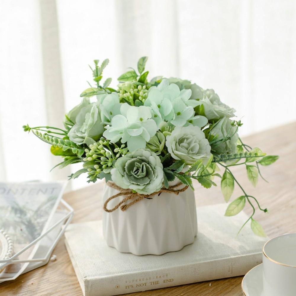 Nordic Fake Flowers with Vase Silk Variety Balls Ceramic Vase Artificial Faux Plants Hemp Rope Rose Artificial Pot Flower