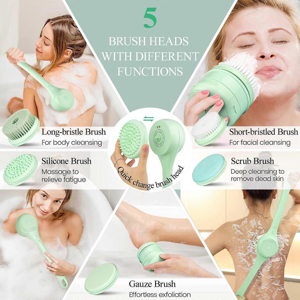 Electric Back Scrubber for Shower, Long Dual Handle Body Scrubber Spinning Massage Bath Brush,4 Detachable Heads