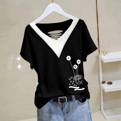 Bedrucktes Patchwork-T-Shirt mit ausgehöhlten Ärmeln und schmaler Passform für Damen, Sommermode, lässig, kurzes, vielseitiges Oberteil mit V-Ausschnitt
