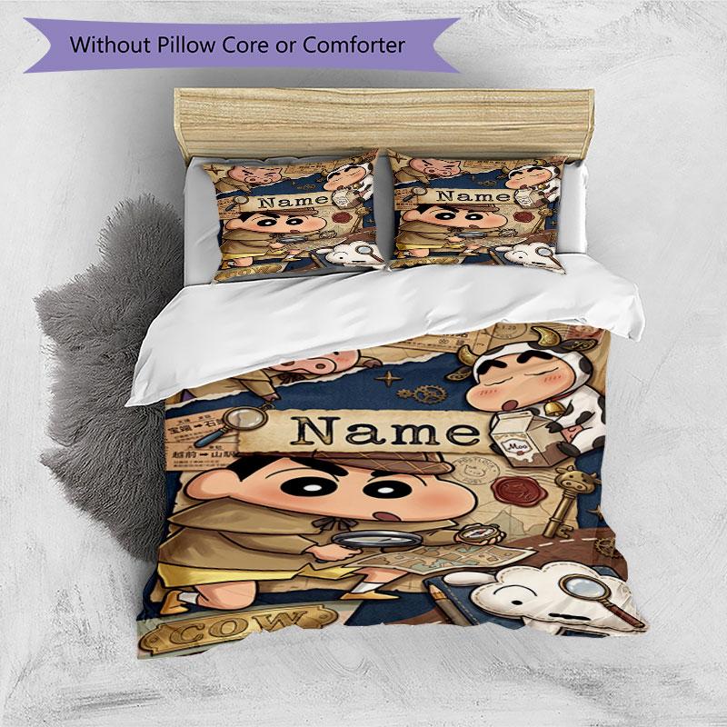 3pcs Duvet Cover Set (1*Duvet Cover + 2*Pillowcase, Without Core), Custom Name Crayon Shin chanPattern Bedding Set, Home Bedroom Decor Gift