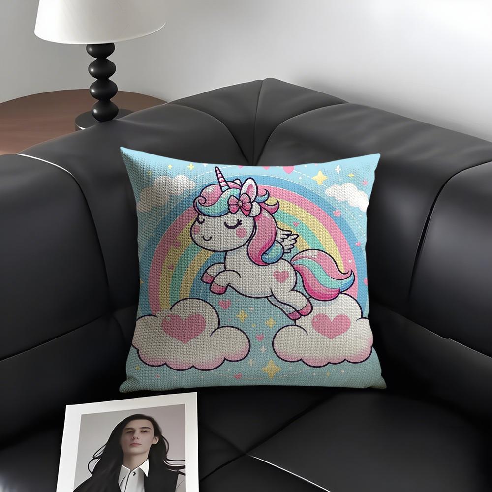 Unicorn Cute Cushion Cover Natural Linen Organic Fabric DoubleSided Printing Sofa Home Decor Gift Pillow Case