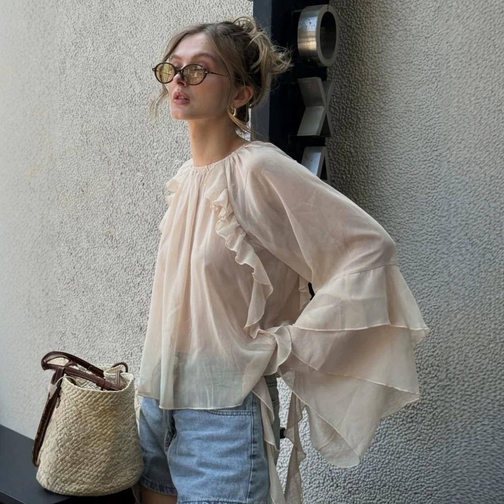 Lotus Leaf Edge Chiffon Top Women's 1116 Autumn High-end Loose Pullover Round Neck Flared Sleeve Shirt Women's Clothing