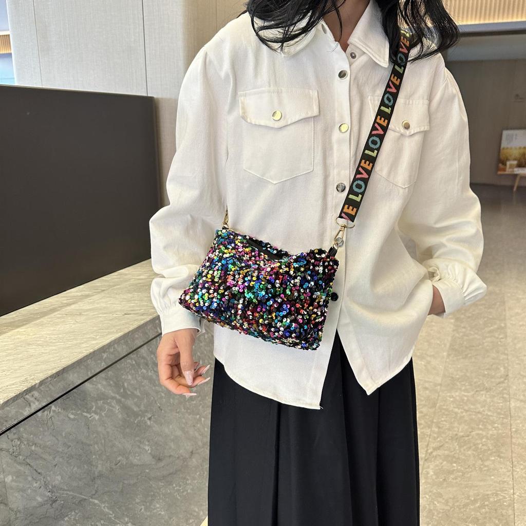 Yogodlns Luxury Women Sequins Wide Strap Shoulder Bag Fashion Shine Casual Crossbody  Bag Female Hip Hop Belt Bags Trend