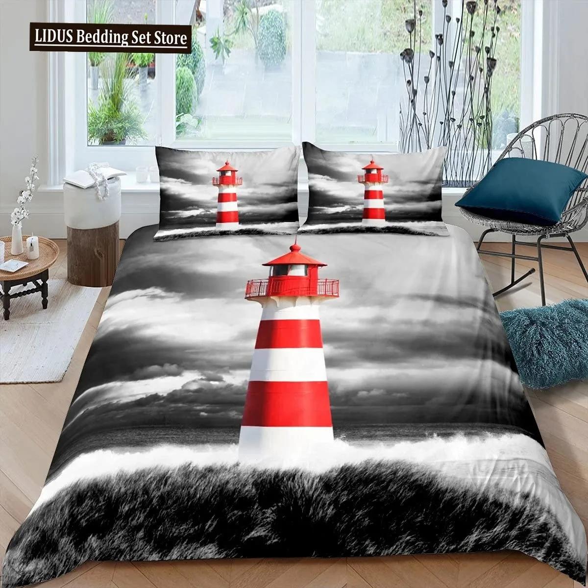 

Lighthouse Duvet Cover Set Nautical Surfing Ocean Wave Bedding Set Queen Polyester Coastal Nature Theme Quilt Cover For Boy AU Single 140x210cm