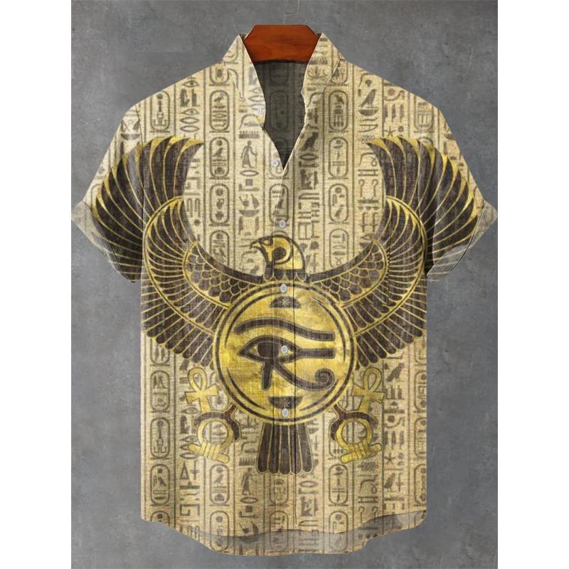 Men's Short Sleeve Shirt Vintage Ethnic Style Sunlight and Tree Illustration Art Wave Print Casual Linen Shirt,