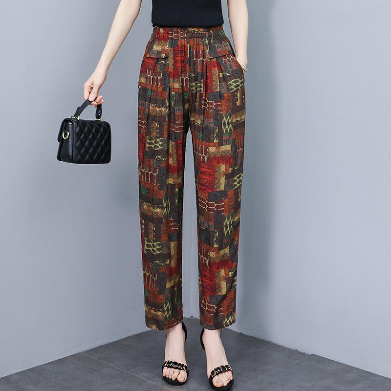 Pantalons pour femmes taille haute grande taille, pantalons amples vintage d'été, taille élastique, vêtements pour femmes d'âge moyen