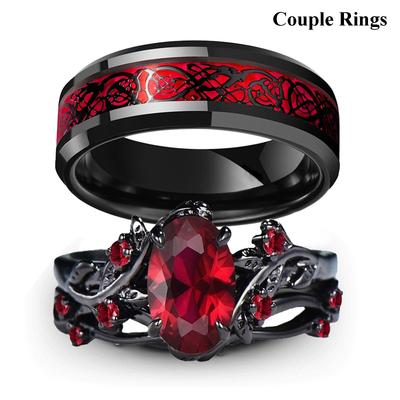 Charm Partnerringe Romantische Damen Rote Strassringe Set Trendige Herren Edelstahl Keltischer Drachenringe Ehering Schmuck