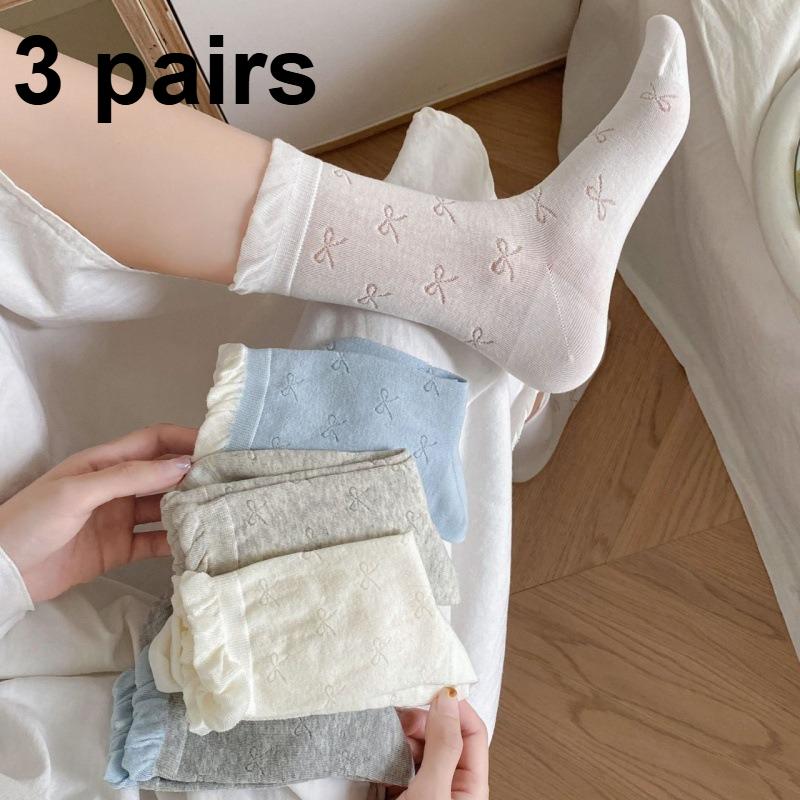 3 Pairs Spring/Summer Women's Thin Hollow-Out Mid-Calf Socks Ballet Bubble Tongue Lace Socks for Girls Women