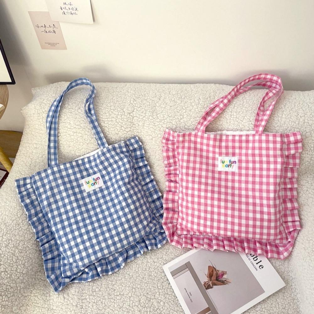 

Large Capacity Plaid Cotton Handbag Commuting Shopping Shoulder Bag Creative Tote Bag Gift синій