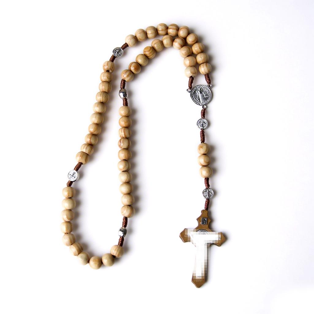 In Stock: Natural Wood Bead Cross Rosary Necklace - Hand-Woven Prayer Jewelry